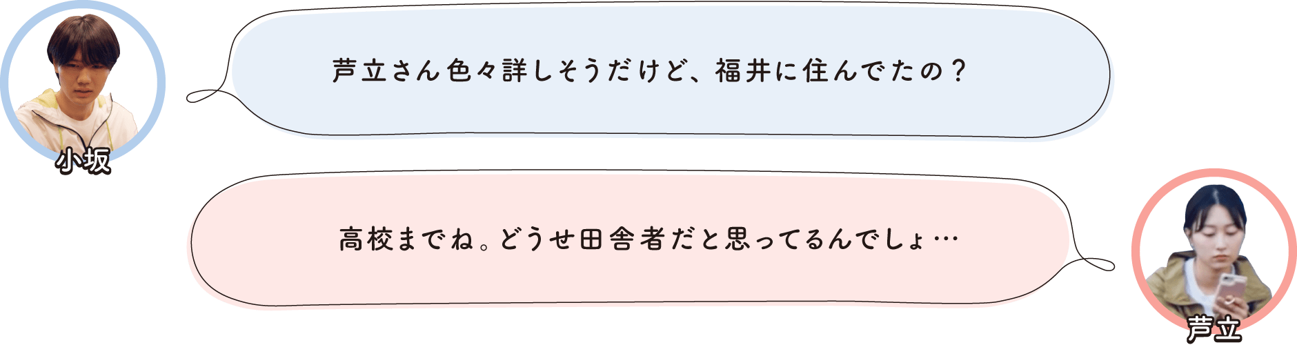 ①芦立さん色々詳しそうだけど、福井に住んでたの？ ②高校までね。どうせ田舎者だと思ってるんでしょ…