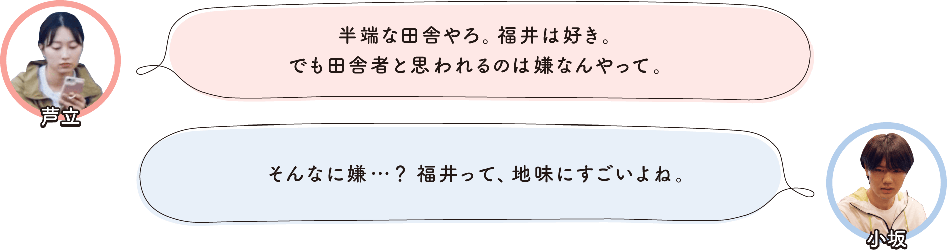 ➀半端な田舎やろ。福井は好き。でも田舎者と思われるのは嫌なんやって。 ②そんなに嫌・・？福井って、地味にすごいよね。