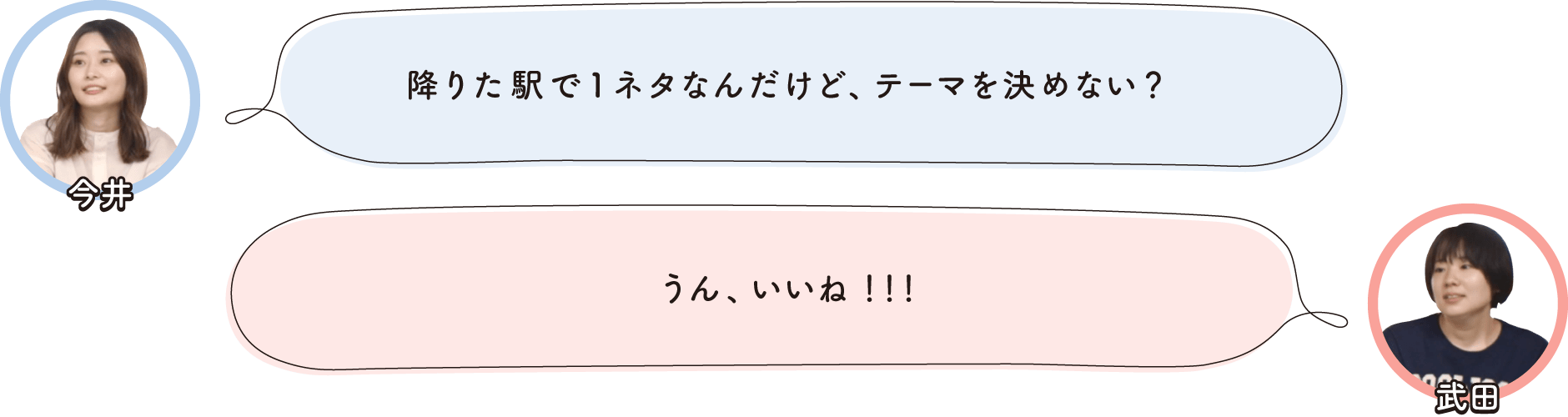 ①降りた駅で1ネタなんだけど、テーマを決めない？ ②うん、いいね！！！