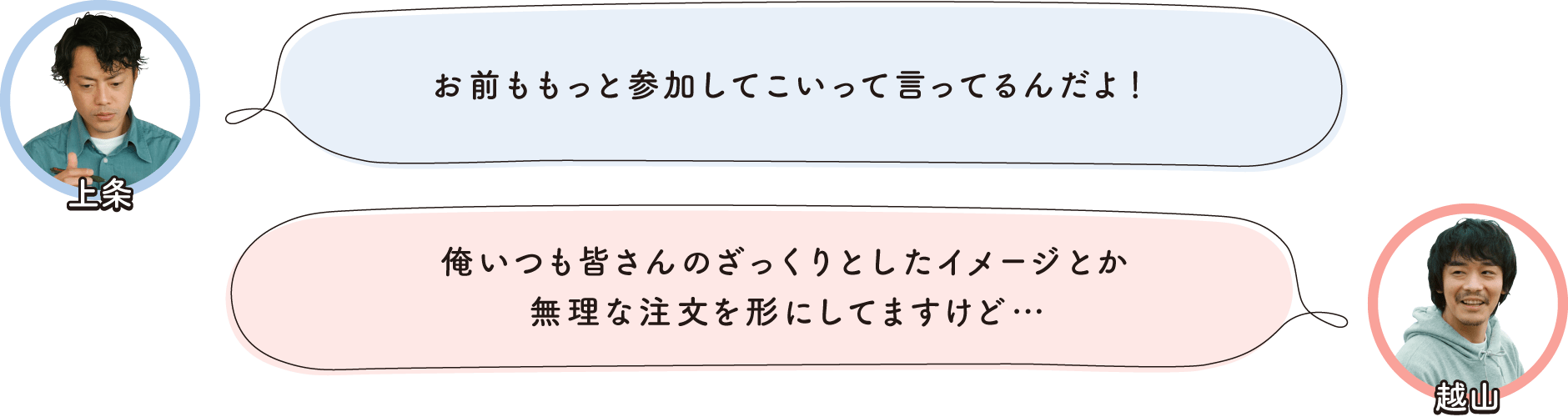 ①お前ももっと参加してこいって言ってるんだよ！②俺いつも皆さんのざっくりとしたイメージとか無理な注文を形にしてますけど・・・