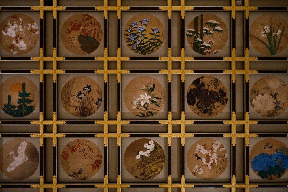 A close-up of one of the five ceiling paintings depicting living creatures, hidden among the flowers and birds