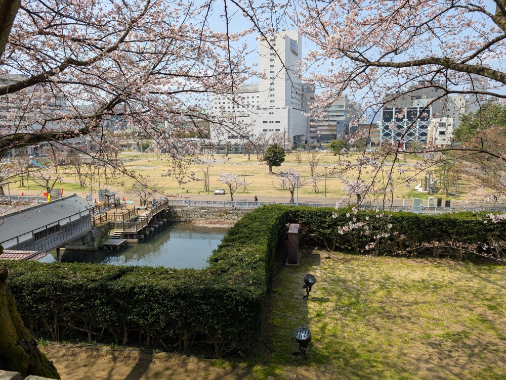 天守跡から見る福井市中央公園。二の丸、三の丸の形がわかります
